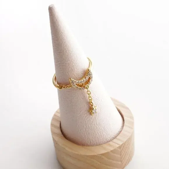 Anthropologie Embellished Crescent Moon Star Chain Ring - Picture 3 of 3